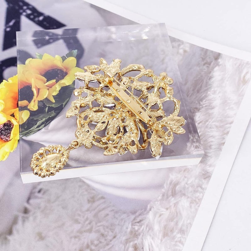 LAXPICOL Wedding Bridal Big Brown Crystal Rhinestone Bouquet Brooch Pin for Women Golden Tone - Image 4